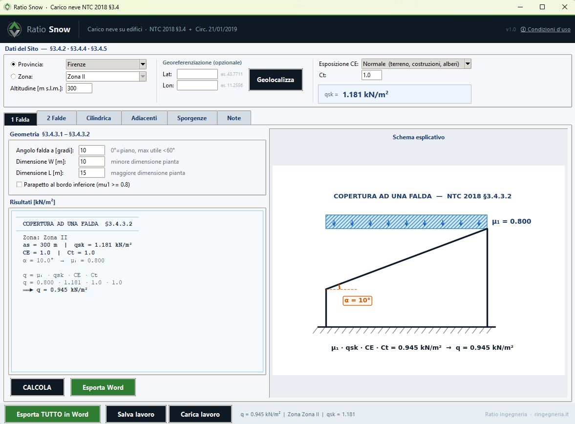 Ratio Snow — mono-pitch roof with calculation results and explanatory diagram